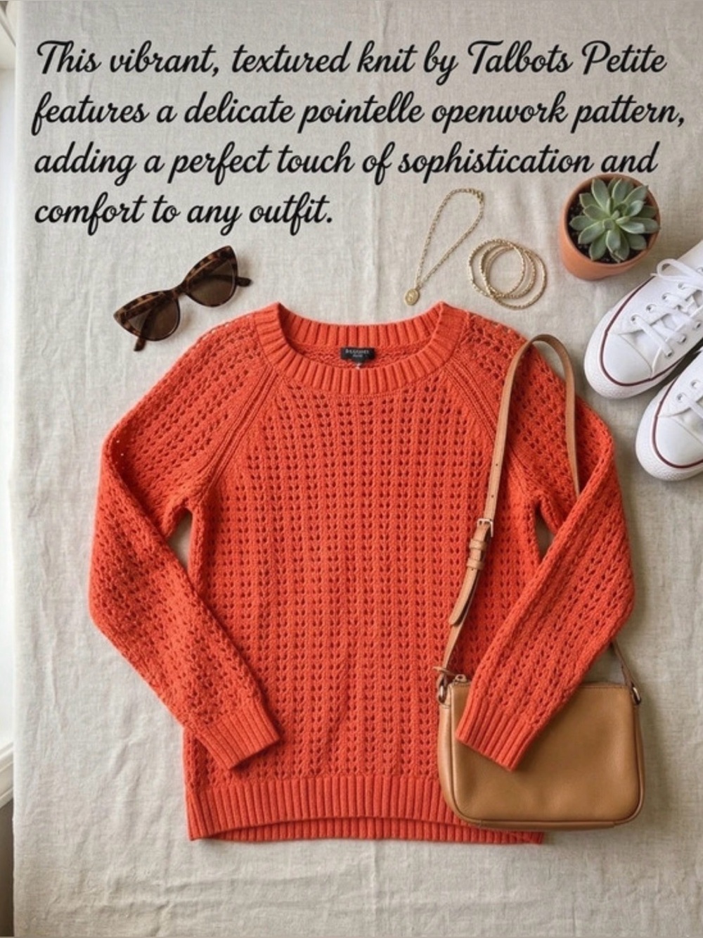 Talbots Petite Orange Pointelle Knit Sweater